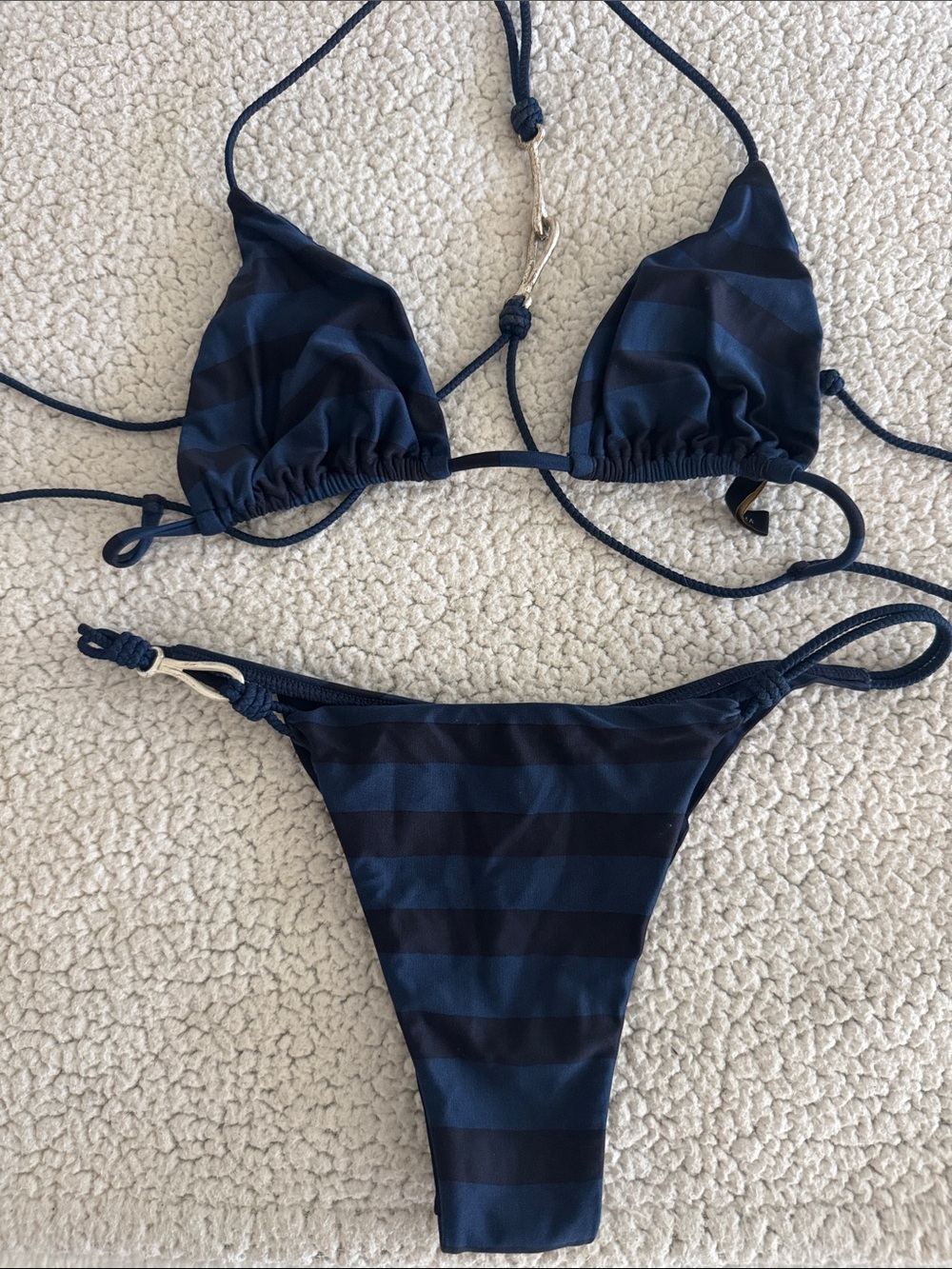 Striped Navy Triangle String Bikini Set.